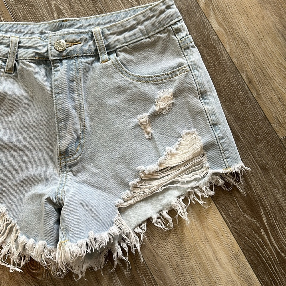 SHEIN | Blue Jean Shorts Distressed Frayed Hem Mid Rise - Picture 7 of 11